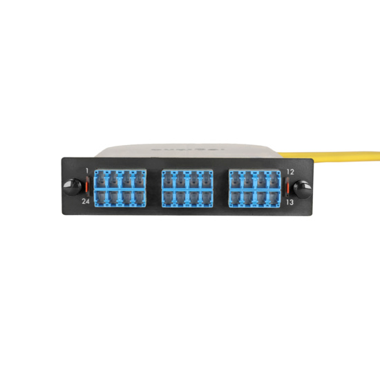 LM2 Cassette, 24 Fiber, LC Quad (6), Single Mode (OS2) to 1 Meter, 900µm Tight Buffer Pigtail front.