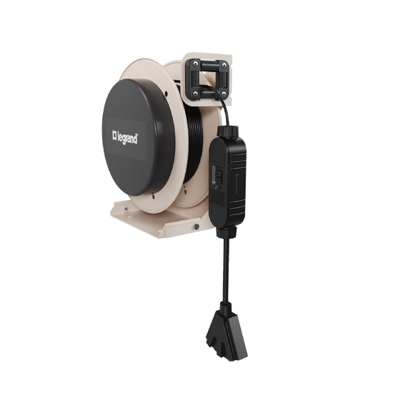 Side view of a 1000 Series industrial cable reel featuring a beige housing, black center panel with the Legrand logo, and an extended black tri-tap connector.