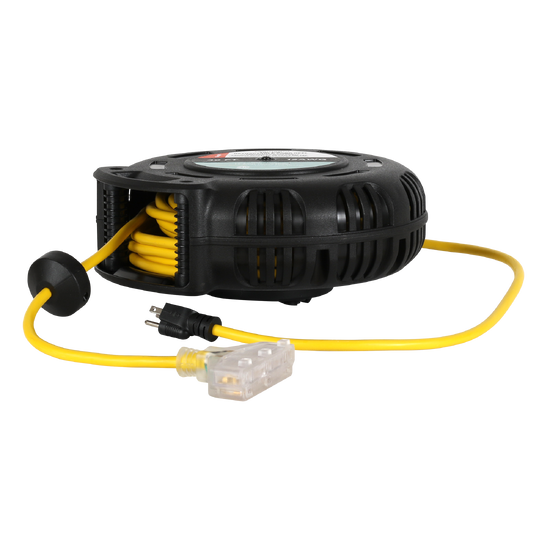 Black and yellow 800 series cable reel with a retractable extension cord, durable round housing, built-in handle and mounting bracket, and grounded plug.