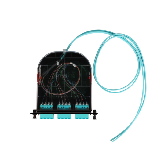 LM2 Cassette, 24 Fiber, LC Quad (6), Multimode (OM4) to 1 Meter, 250µm Ribbon Pigtail top with cable
