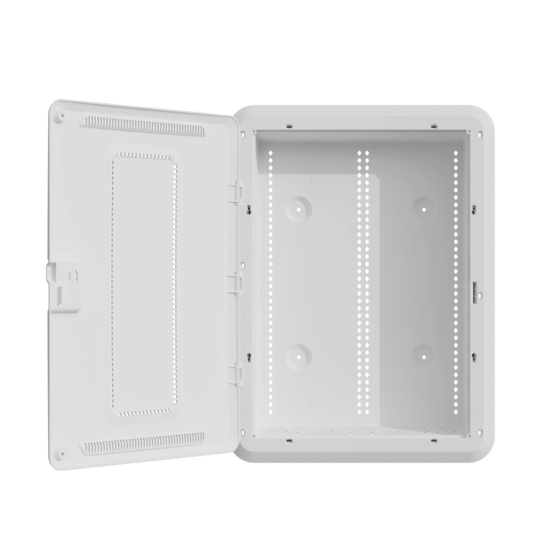 Front facing photo of an 20-inch Plastic Enclosure with Trim Ring and Hinged Door. The hinged door is open in this image.