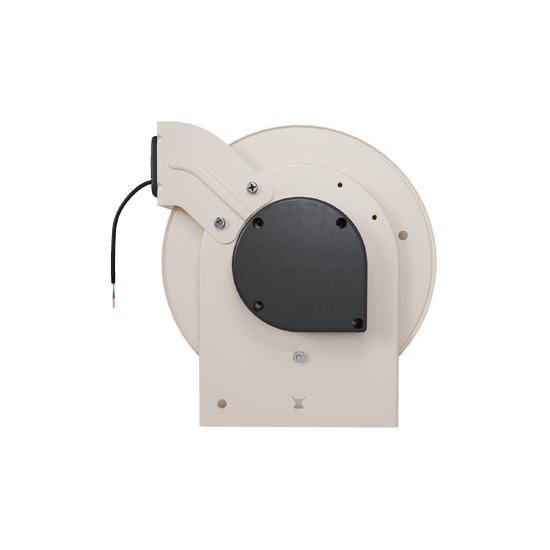 Back view of a 1000 Series industrial cable reel featuring a beige housing, black center panel with a flying lead connector.