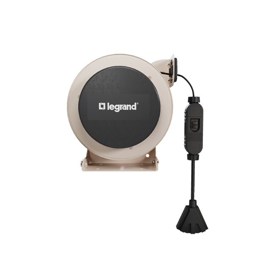 Front view of a 1000 Series industrial cable reel featuring a beige housing, black center panel with the Legrand logo, and an extended black tri-tap connector.