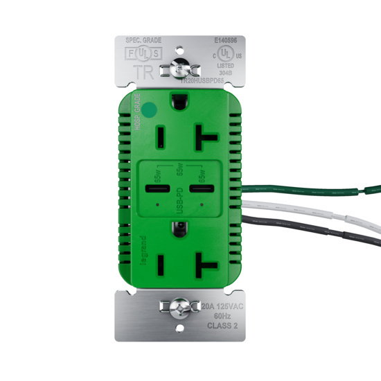 65W Hospital Grade USB Outlet, Type C, 20A, Tamper-Resistant, Green