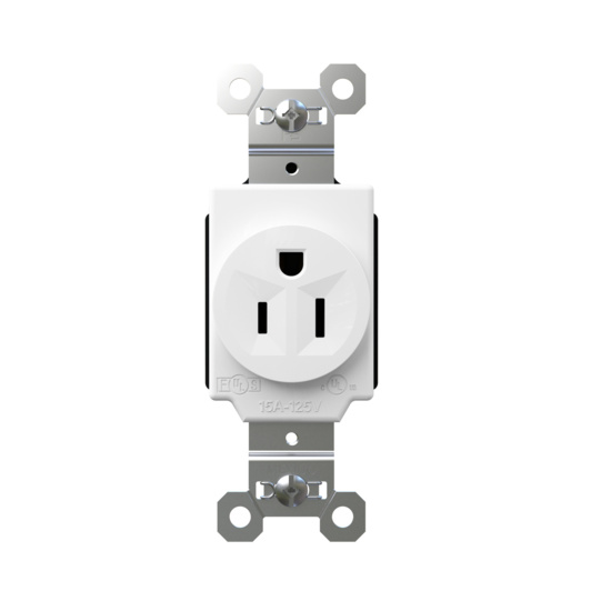 Straight on view of white plugtail receptacle