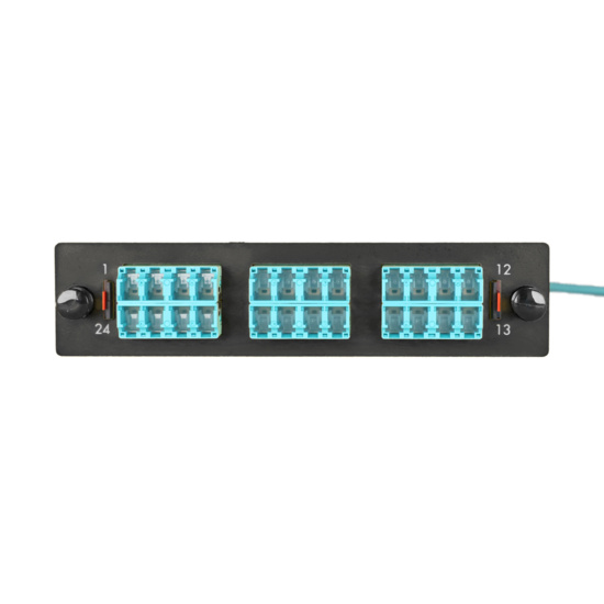 LM2 Cassette, 24 Fiber, LC Quad (6), Multimode (OM4) to 1 Meter, 250µm Micro-Distribution Loose Tube Pigtail front