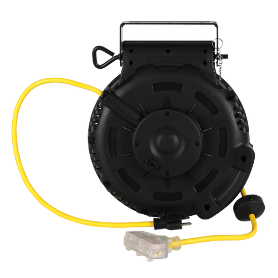 Black and yellow 800 series cable reel with a retractable extension cord, durable round housing, built-in handle and mounting bracket, and grounded plug.