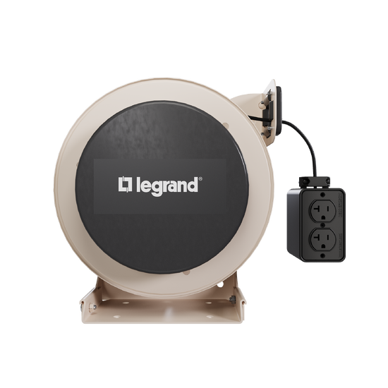 Front view of a 1000 Series industrial cable reel featuring a beige housing, black center panel with the Legrand logo, and an extended black Quad RB connector.
