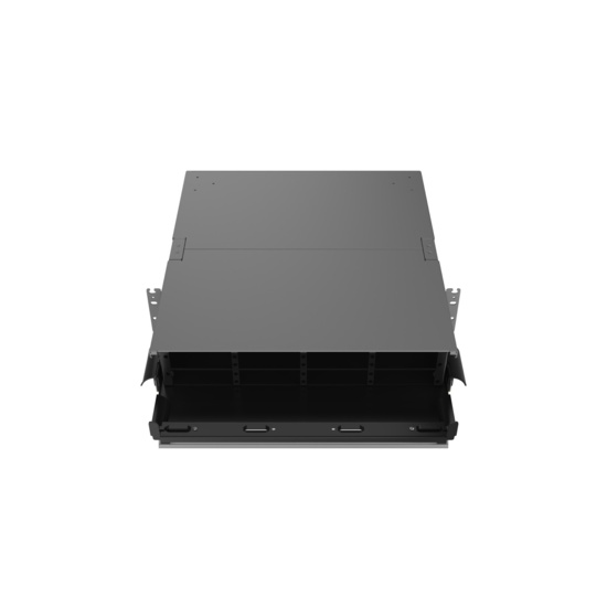 Straight, Angled Down, Front Door Open View of 2U Q-series HD Magnesium Fiber Enclosure (EQ02U-KHL-M)