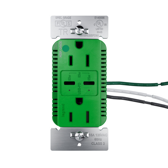 65W Hospital Grade USB Outlet, Type C, 15A, Tamper-Resistant, Green