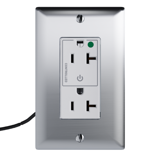 White half-controlled PlugTail tamper-resistant decorator receptacle with a green hospital-grade control dot, auto-ground clip, and large brass terminal blades for reliable electrical connection on a white background.
