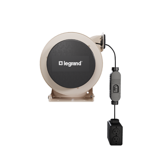 Front view of a 1000 Series industrial cable reel featuring a beige housing, black center panel with the Legrand logo, and an extended black Quad RB GFCI connector.
