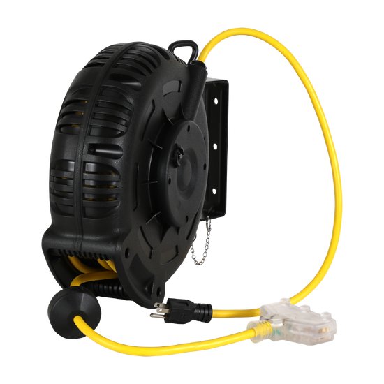 Black and yellow 800 series cable reel with a retractable extension cord, durable round housing, built-in handle and mounting bracket, and grounded plug.