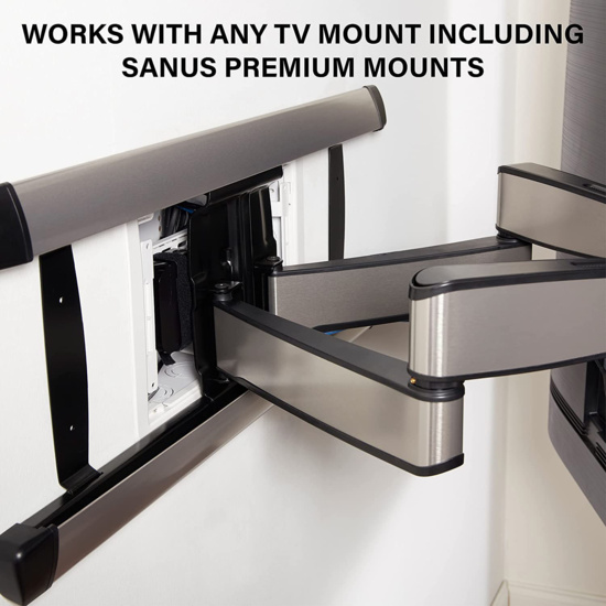 Image showing an installed 9-inch Dual-Purpose In-Wall Enclosure. The enclosure is connected to a TV mounting bracket. The text in black reads " WORKS WITH ANY TV MOUNT INCLUDING SANUS PREMIUM MOUNTS".