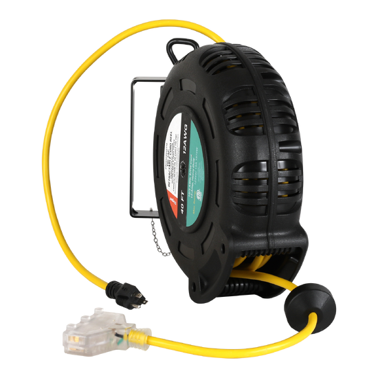 Black and yellow 800 series cable reel with a retractable extension cord, durable round housing, built-in handle and mounting bracket, and grounded plug.