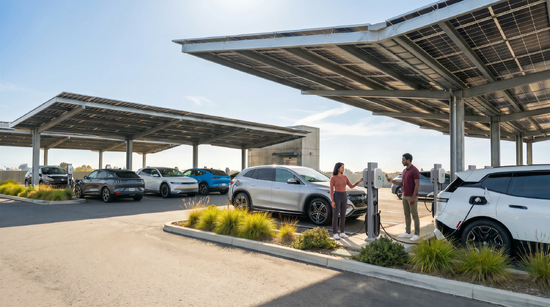 Networked EV Chargers on dual-mount non-cable management pedestals on rooftop parking lot at MDU with EV panels above. Tenants charging.