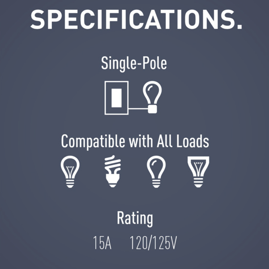 Specifications: Single Pole, Compatible with all loads, 15A 120/125V Rating
