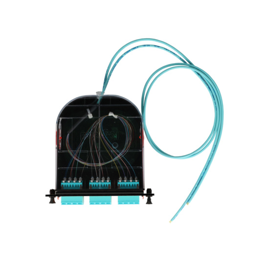 LM2 Cassette, 24 Fiber, LC Quad (6), Multimode (OM4) to 1 Meter, 250µm Micro-Distribution Loose Tube Pigtail top with cable