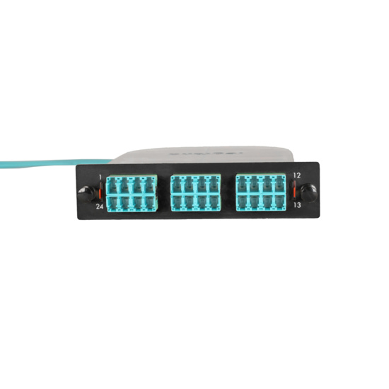 LM2 Cassette, 24 Fiber, LC Quad (6), Multimode (OM4) to 1 Meter, 250µm Ribbon Pigtail front