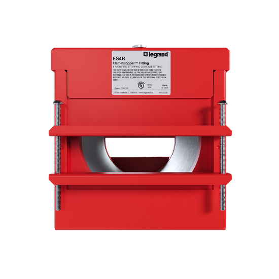 Firestop penetration seal with metal pipe and red mounting hardware