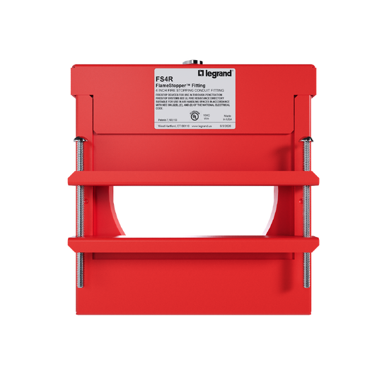 Flamestopper firestop fitting with red steel housing and adjustable mounting hardware for pipe and conduit penetrations