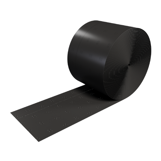 Rolled up view of a black perforated liner with evenly spaced oval-shaped slots that can pop out for application.