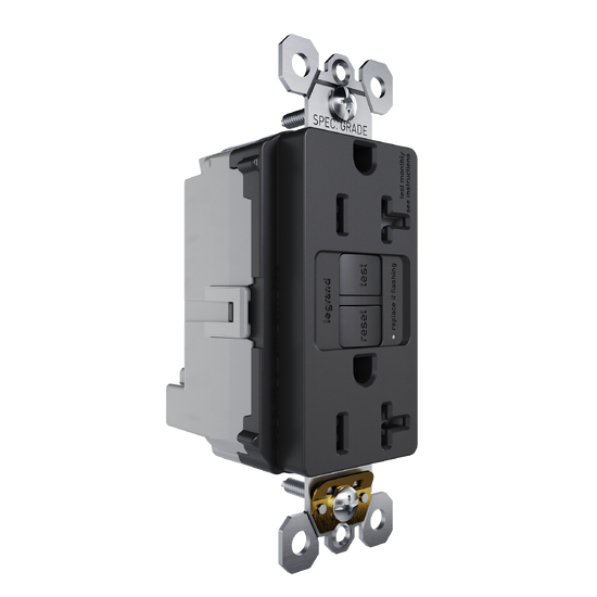 Black GFCI Plugtail with Feed-Through outlet, angled view showing dual receptacle face with test and reset buttons and integrated plugtail wiring terminals.