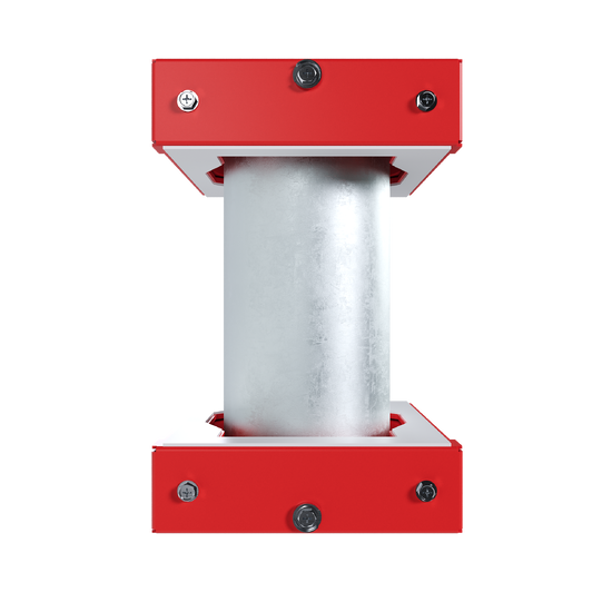 Firestop penetration seal with metal pipe and red mounting hardware
