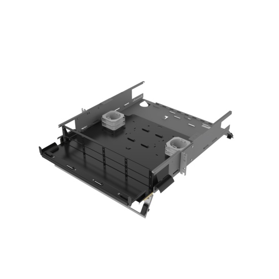 Angled Left, Top Open, Doors Open View of 2U Q-series HD Magnesium Fiber Enclosure (EQ02U-KHL-M)