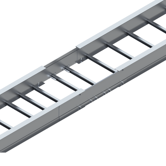 Rendered image of the Gap Filler Splice Plate installed on Cablofils Aluminum Itray Ladder Tray on a white background
