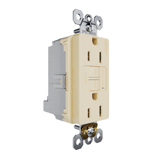 Ivory GFCI Plugtail with Feed-Through outlet, angled view showing dual receptacle face with test and reset buttons and integrated plugtail wiring terminals.