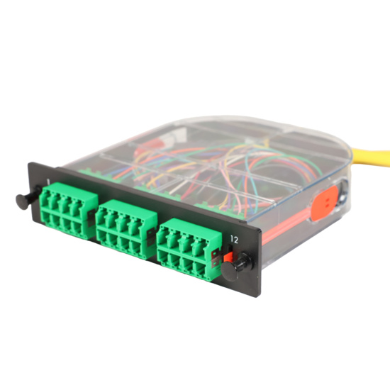 LM2 Cassette, 24 Fiber, LCA Quad (6), Single Mode (OS2) to 1 Meter, 900µm Tight Buffer Pigtail trimetric left