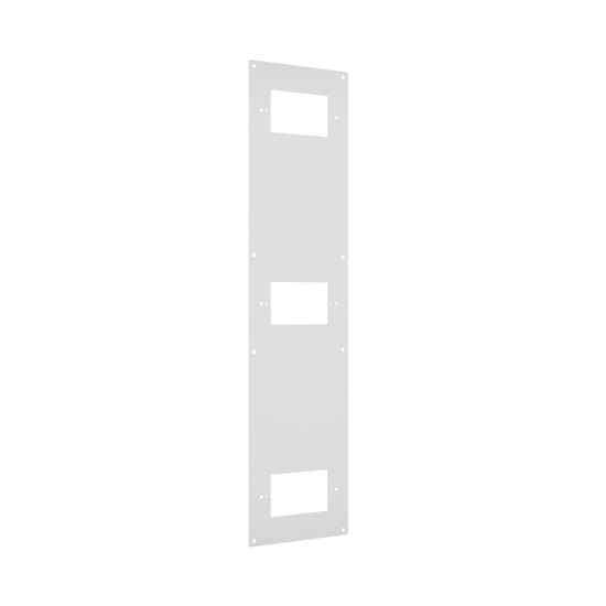 Front left angle view of a three-gang faceplate for a multi service electrical ceiling panel.