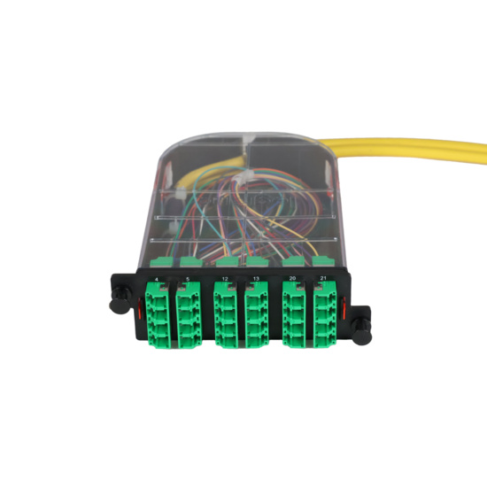 LM4 Cassette, 24 Fiber, LCA Quad (6), Single Mode (OS2) to 1 Meter, 900µm Tight Buffer Pigtail trimetric top