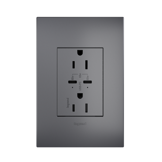 adorne 65w usb outlet with 2 type-c ports 15amp in magnesium
