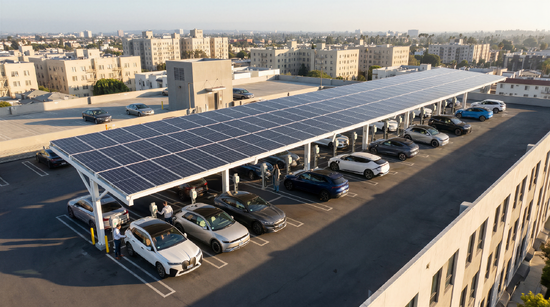 Drone view/wide shot of MDU with Networked EV Chargers on non-cable management dual-sided pedestals. Rooftop EV charging parking lot with Solar panels.