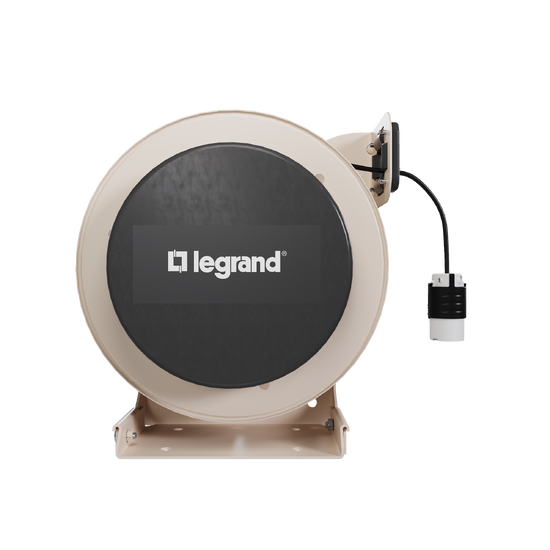 Front view of a 1000 Series industrial cable reel featuring a beige housing, black center panel with the Legrand logo, and an extended black straight blade GCM connector.