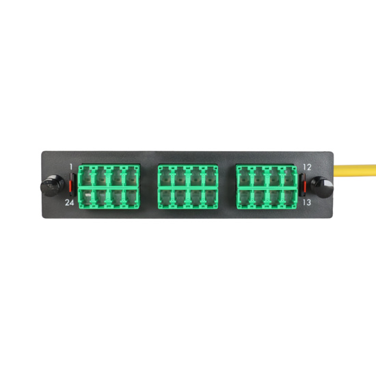 LM2 Cassette, 24 Fiber, LCA Quad (6), Single Mode (OS2) to 1 Meter, 900µm Tight Buffer Pigtail front