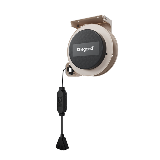 Side view of a 1000 Series industrial cable reel featuring a beige housing, black center panel with the Legrand logo, and an extended black tri-tap connector.