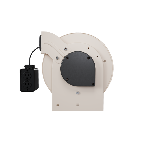 Back view of a 1000 Series industrial cable reel featuring a beige housing, black center panel, and an extended black Quad RB connector.