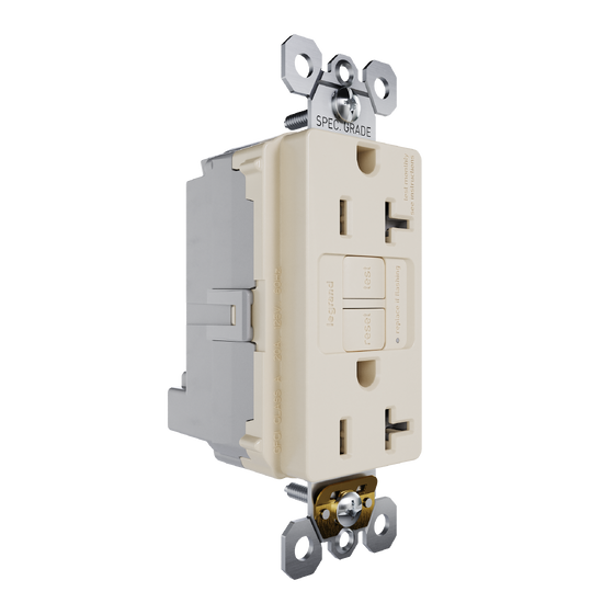 Light Almond GFCI Plugtail with Feed-Through outlet, angled view showing dual receptacle face with test and reset buttons and integrated plugtail wiring terminals.