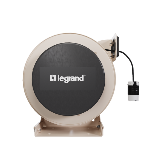 Front view of a 1000 Series industrial cable reel featuring a beige housing, black center panel with the Legrand logo, and a turnlok connector.