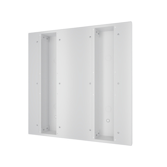 Right angle view of a 24-inch by 24-inch multi service electrical ceiling panel with two recessed service channels.