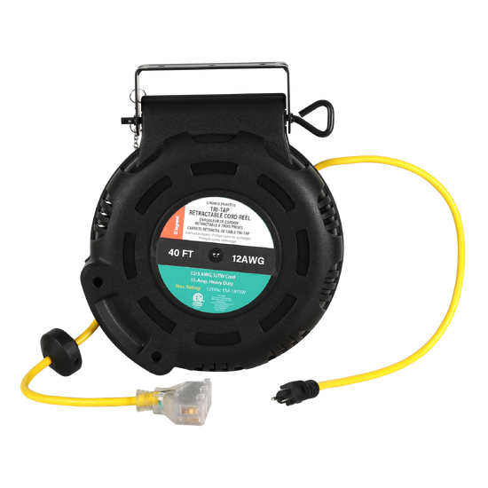 Black and yellow 800 series cable reel with a retractable extension cord, durable round housing, built-in handle and mounting bracket, and grounded plug.