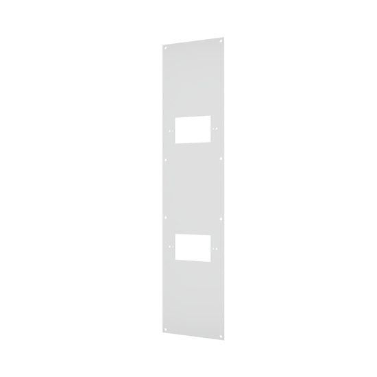 Right angle view of a two-gang faceplate for a multi service electrical ceiling panel.